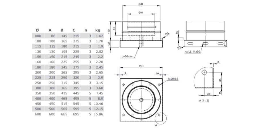 Aperçu: Plaque de base avec écoulement des condensats (en bas) - double paroi - TEC-DW-CLASSIC