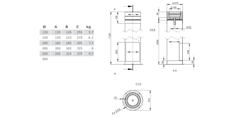 Aperçu: Support reglable 610-1190 mm avec tête telescopique, purge et trappe pour cuvette à condensat- TEC-DW-DESIGN