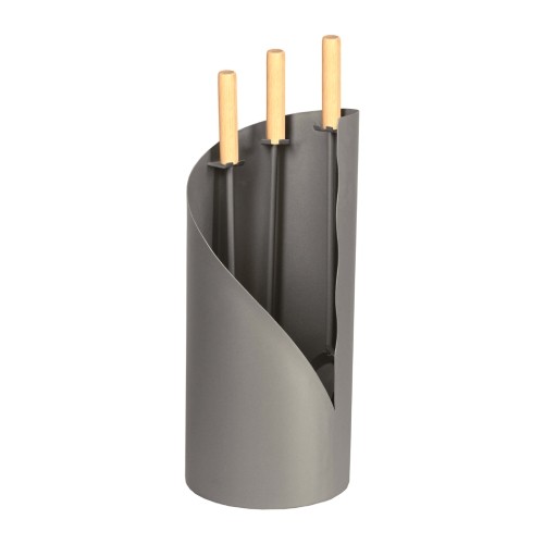 Serviteur de cheminée rond epoxy anthracite, poignées bois, 3 accessoires - Lienbacher