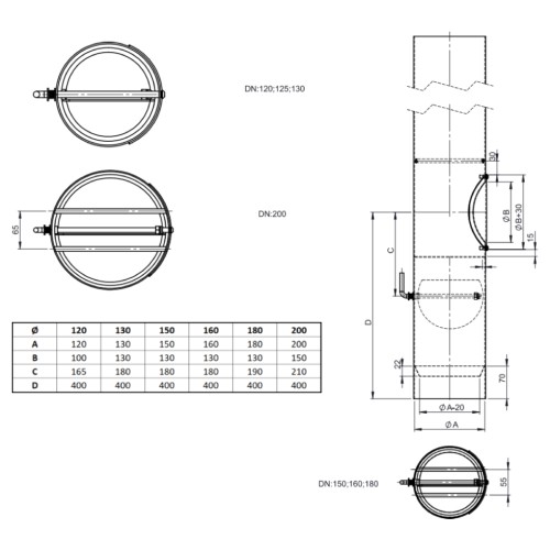 Aperçu: Conduit poele a bois - Element droit 1000 mm avec vanne papillon, piège à balles, anneau de condensation et porte - noir - Tecnovis TEC-Stahl