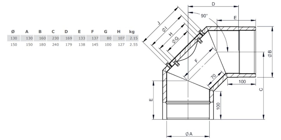 Aperçu: Coude fixe 90° - double paroi - avec trappe d’entretien - gris - Tecnovis TEC-Protect