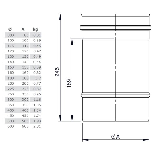 Aperçu: Elément droit inox 250 mm- simple paroi - Tecnovis TEC-EW-CLASSIC