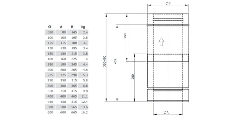 Aperçu: Elément droit réglable 320-460mm - double paroi - TEC-DW-CLASSIC