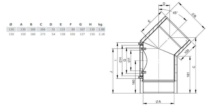 Aperçu: Coude fixe 45° - double paroi - avec trappe d’entretien - noir - Tecnovis TEC-Protect