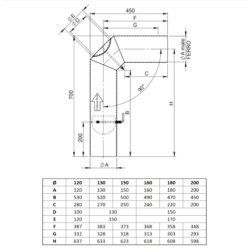 Aperçu: Conduit poêle à bois - Coude (450 mm x 700 mm) - avec trappe d’entretien et clapet papillon - gris - Tecnovis TEC-Stahl